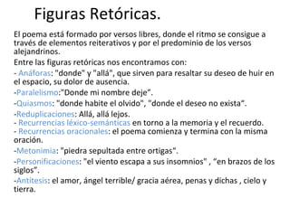 El poema está formado por versos libres, donde el ritmo se consigue a través de elementos reiterativos y por el predominio de los versos alejandrinos.  Entre las figuras retóricas nos encontramos con: -  Anáforas : "donde" y "allá", que sirven para resaltar su deseo de huir en el espacio, su dolor de ausencia. - Paralelismo :"Donde mi nombre deje”.  - Quiasmos : "donde habite el olvido", "donde el deseo no exista“.  - Reduplicaciones : Allá, allá lejos.  -  Recurrencias léxico-semánticas  en torno a la memoria y el recuerdo.  -  Recurrencias oracionales : el poema comienza y termina con la misma oración. - Metonimia : "piedra sepultada entre ortigas“. - Personificaciones : "el viento escapa a sus insomnios" , “en brazos de los siglos”. - Antítesis : el amor, ángel terrible/ gracia aérea, penas y dichas , cielo y tierra. Figuras Retóricas. 