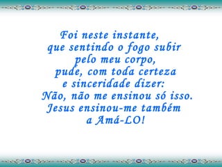 Foi neste instante,  que sentindo o fogo subir  pelo meu corpo,  pude, com toda certeza  e sinceridade dizer:   Não, não me ensinou só isso. Jesus ensinou-me também  a Amá-LO! 