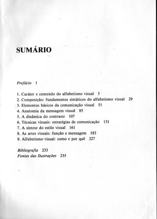 SUMÁRIO
Prefácio
1. Caráter e conteúdo do alfabetismo visual 5
2. Composição: fundamentos sintáticos do alfabetismo visual 29
:.3. Elementos básicos da comunicação visual 51
4. Anatomia ~a mensagem visual 85
5. A dinâmica do contraste 107
6. Técnicas visuais: estratégias de comunicação 131
7. A síntese do estilo visual 161
8. As artes visuais: função e mensagem 183
9. Alfabetismo'Visual:como e por quê 227
Bibliografia 233
Fontes das Ilustrações 235
 