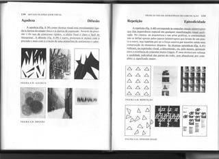158 SINTAXE DA LINGUAGEM VISUAL
Agudeza Difusão Repe.tição
TÉCNICAS VISUAIS: ESTRATÉGIAS DE COMUNICAÇÃO 159
A agudeza (fig. 6.38) como técnica visual está estreitamente liga-
da à cIMeza do estado físico e à clareza de expressãQ. Através da preci-
são e do liSOde contornos rígidos. o efeito final é claro e fácil de
interoretar. A difusão (fig. 6.39) é suave. preocupa-se menos com a
precisão e mais com a criacão de uma atmosfera de sentimento e calor:
FIGURA 6.38. AGUDEZA
FIGURA 6.39. DIFUSÃO
Episodicidade
A r~etição (fig. 6.40) corresponde às conexões visuais ininterruPJas
que têm imporHinda p~pedal em qI1~lqll/'r manifestação visual unifi-
cada. No cinema, na arquitetura e nas artes gráficas, a continuidade
não se define apenas pelos passos ininterruptos que levam de um pon-
to a outro, mas também por ser a força coesiva que mantém unida uma
comp<?sição de elementos díspares. As técnicas episódicas (fig. 6.41)
indicam. na expressão visual. a desconexão. ou. pelo menos. apontam
Rara a existência de conexões muito frágeis. É uma técnica)que r.e.furça
a qualidade individual das partes do tQdo. sem abandonar por com-
pleto o significado maior.
6.6.6
6.6.6
66.6
6.66
6.66
-~.
THe
.,-.
BRANDYWINf
~_'h"
!;'"
UI;RJTAGE
n
FIGURA 6.40. REPETIÇÃO
.v ft
FIGURA 6.41. EPISODICIDADE
.1
 