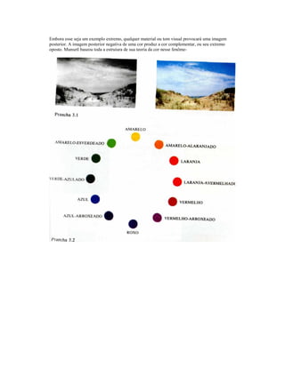 Embora esse seja um exemplo extremo, qualquer material ou tom visual provocará uma imagem 
posterior. A imagem posterior negativa de uma cor produz a cor complementar, ou seu extremo 
oposto. Munsetl baseou toda a estruiura de sua teoria da cor nesse fenôme- 
 