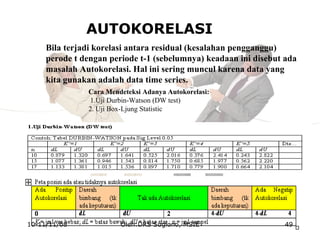 AUTOKORELASI
Bila terjadi korelasi antara residual (kesalahan pengganggu)
perode t dengan periode t-1 (sebelumnya) keadaan ini disebut ada
masalah Autokorelasi. Hal ini sering muncul karena data yang
kita gunakan adalah data time series.
Cara Mendeteksi Adanya Autokorelasi:
1.Uji Durbin-Watson (DW test)
2. Uji Box-Ljung Statistic
10-11/11/08 49Oleh:DRS Sugiono, MSIE
 