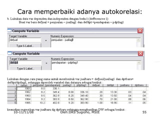 Cara memperbaiki adanya autokorelasi:
10-11/11/08 55Oleh:DRS Sugiono, MSIE
 