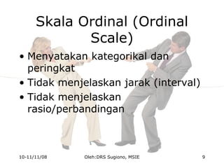 Skala Ordinal (Ordinal
Scale)
• Menyatakan kategorikal dan
peringkat
• Tidak menjelaskan jarak (interval)
• Tidak menjelaskan
rasio/perbandingan
10-11/11/08 9Oleh:DRS Sugiono, MSIE
 