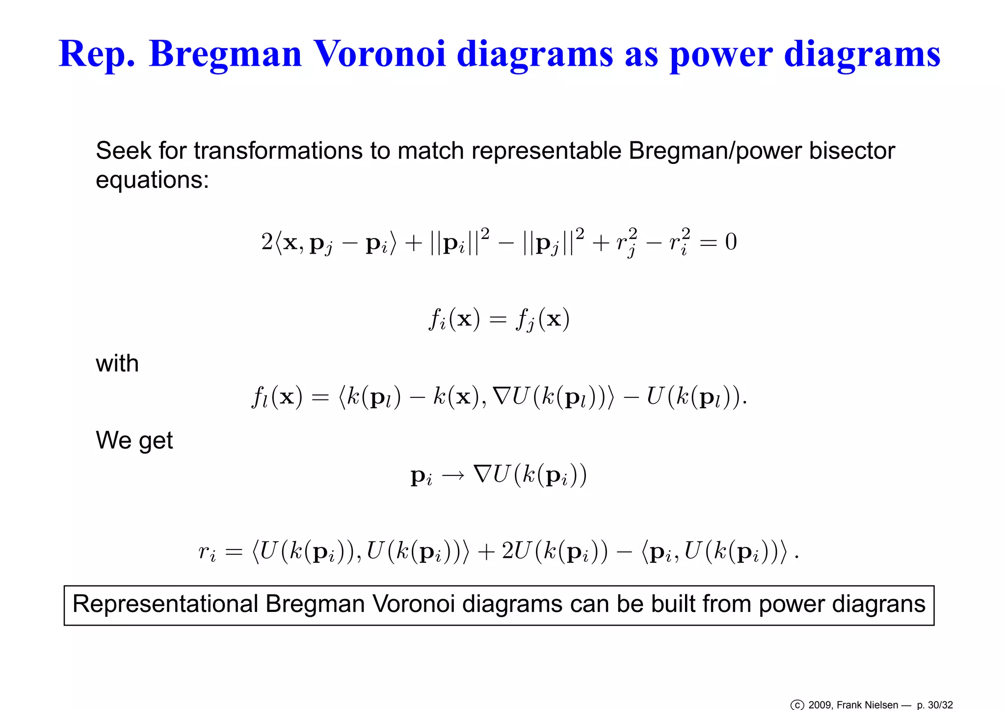 Rep. Bregman Voronoi diagrams as power diagrams
Seek for transformations to match representable Bregman/power bisector
equations:
2
2
2 x, pj − pi + ||pi ||2 − ||pj ||2 + rj − ri = 0

fi (x) = fj (x)
with
fl (x) = k(pl ) − k(x), ∇U (k(pl )) − U (k(pl )).
We get
pi → ∇U (k(pi ))
ri = U (k(pi )), U (k(pi )) + 2U (k(pi )) − pi , U (k(pi )) .
Representational Bregman Voronoi diagrams can be built from power diagrans

c 2009, Frank Nielsen — p. 30/32

 