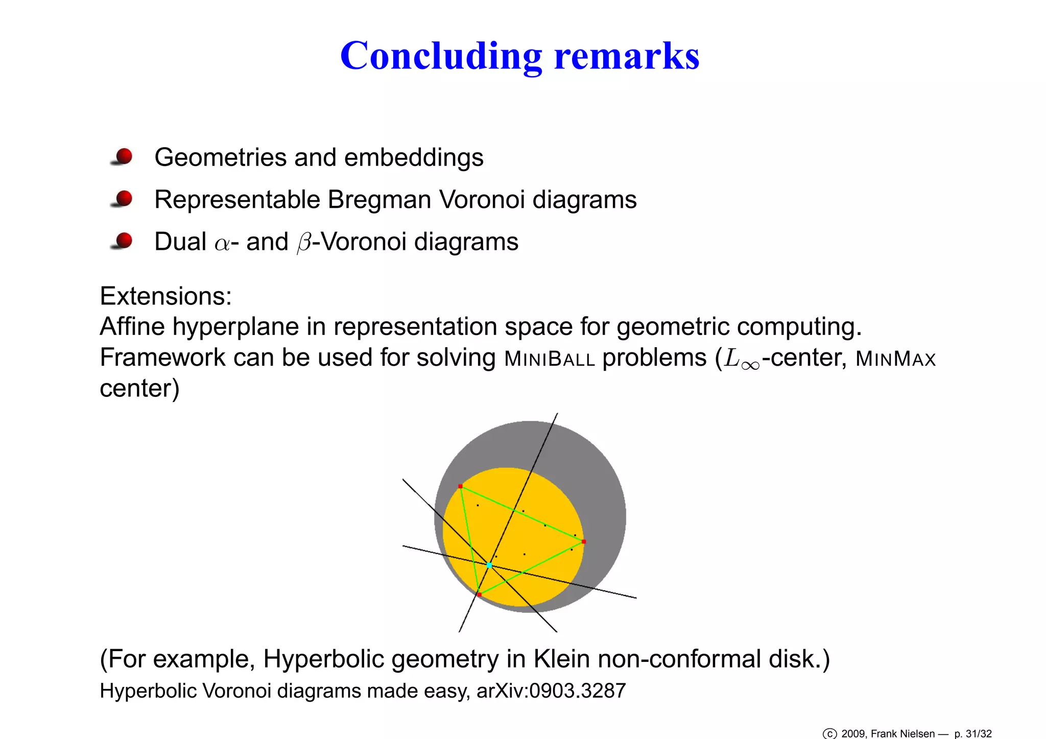 Concluding remarks
Geometries and embeddings
Representable Bregman Voronoi diagrams
Dual α- and β-Voronoi diagrams
Extensions:
Afﬁne hyperplane in representation space for geometric computing.
Framework can be used for solving M INI B ALL problems (L∞ -center, M IN M AX
center)

(For example, Hyperbolic geometry in Klein non-conformal disk.)
Hyperbolic Voronoi diagrams made easy, arXiv:0903.3287
c 2009, Frank Nielsen — p. 31/32

 