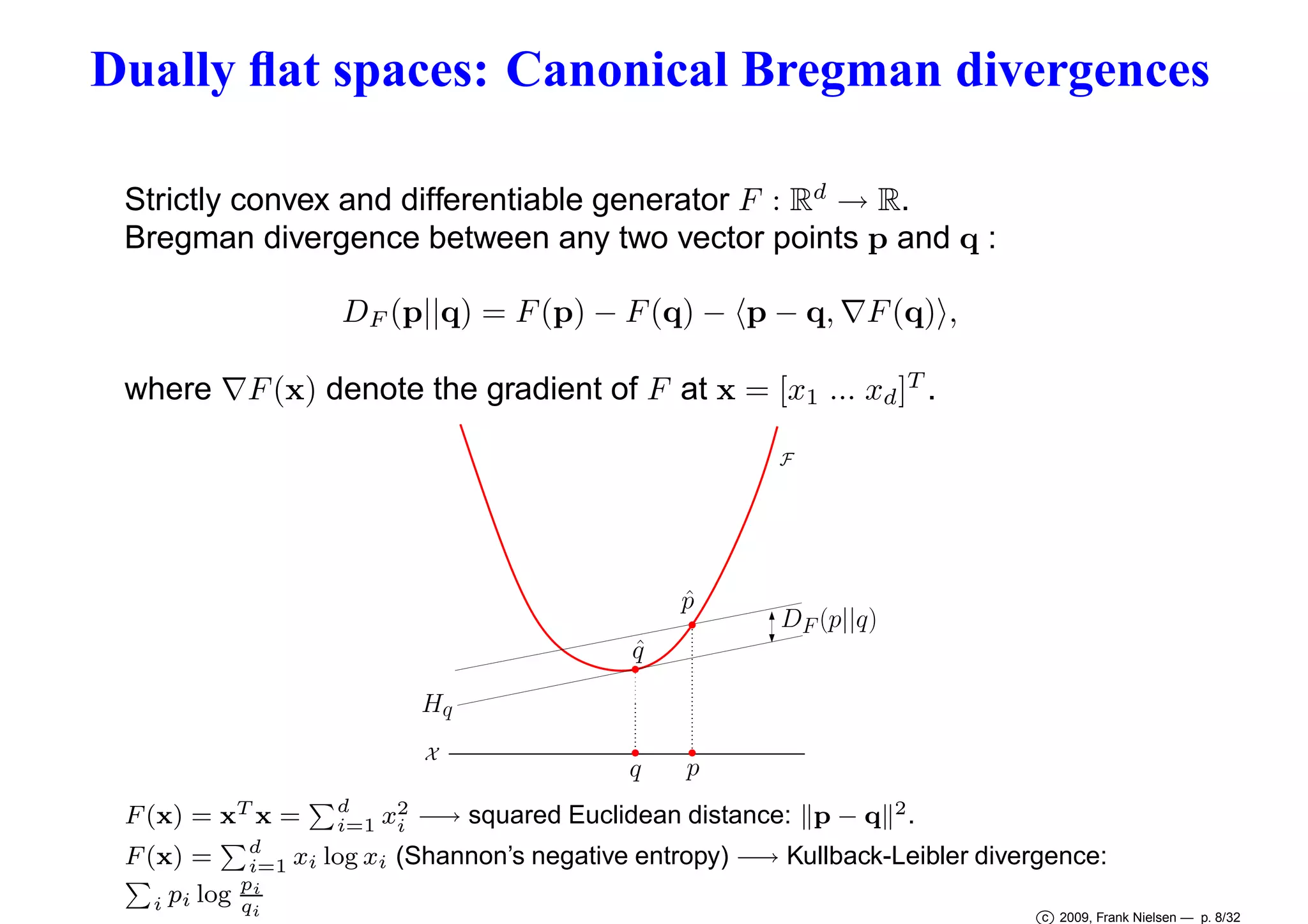 Dually ﬂat spaces: Canonical Bregman divergences
Strictly convex and differentiable generator F : Rd → R.
Bregman divergence between any two vector points p and q :
DF (p||q) = F (p) − F (q) − p − q, ∇F (q) ,
where ∇F (x) denote the gradient of F at x = [x1 ... xd ]T .
F

ˆ
p

DF (p||q)

ˆ
q
Hq
X

F (x) = xT x =
F (x) =
i pi log

d
i=1
pi
qi

d
i=1

q

p

x2 −→ squared Euclidean distance: p − q
i

2.

xi log xi (Shannon’s negative entropy) −→ Kullback-Leibler divergence:
c 2009, Frank Nielsen — p. 8/32

 