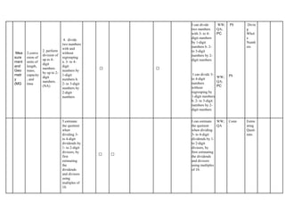 Mea
sure
ment
and
Geo
metr
y
(MG
2.conve
rsion of
units of
length,
mass,
capacity
, and
time
2. perform
division of
up to 4-
digit
numbers
by up to 2-
digit
numbers.
(NA)
4. divide
two numbers
with and
without
regrouping
a. 3- to 4-
digit
numbers by
1-digit
numbers b.
2- to 3-digit
numbers by
2-digit
numbers
✅ ✅
I can divide
two numbers
with 3- to 4-
digit numbers
by 1-digit
numbers b. 2-
to 3-digit
numbers by 2-
digit numbers
I can divide 3-
to 4-digit
numbers
without
regrouping by
1-digit numbers
b. 2- to 3-digit
numbers by 2-
digit numbers
WW;
QA;
PC
WW;
QA;
PC
PS
PS
Divin
g
Whol
e
Numb
ers
5.estimate
the quotient
when
dividing 3-
to 4-digit
dividends by
1- to 2-digit
divisors, by
first
estimating
the
dividends
and divisors
using
multiples of
10.
✅ ✅
I can estimate
the quotient
when dividing
3- to 4-digit
dividends by 1-
to 2-digit
divisors, by
first estimating
the dividends
and divisors
using multiples
of 10.
WW;
QA
Conn Estim
ating
Quoti
ents
 
