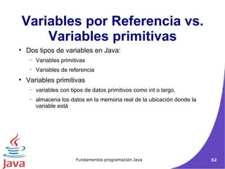 Variables por Referencia vs. Variables primitivas Dos tipos de variables en Java:  Variables primitivas Variables de referencia Variables primitivas  variables con tipos de datos primitivos como int o largo. almacena los datos en la memoria real de la ubicación donde la variable está 