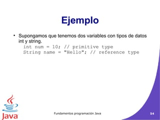 Ejemplo Supongamos que tenemos dos variables con tipos de datos int y string.  int num = 10; // primitive type String name = "Hello"; // reference type  