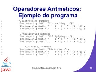 Operadores Aritméticos:  Ejemplo de programa //subtracting numbers System.out.println("Subtracting..."); System.out.println("  i - j = " + (i – j)); System.out.println("  x - y = " + (x – y)); //multiplying numbers System.out.println("Multiplying..."); System.out.println("  i * j = " + (i * j)); System.out.println("  x * y = " + (x * y));   //dividing numbers System.out.println("Dividing..."); System.out.println("  i / j = " + (i / j)); System.out.println("  x / y = " + (x / y)); 
