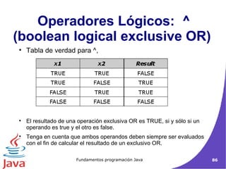 Operadores Lógicos:  ^ (boolean logical exclusive OR)  Tabla de verdad para ^,  El resultado de una operación exclusiva OR es TRUE, si y sólo si un operando es true y el otro es false.  Tenga en cuenta que ambos operandos deben siempre ser evaluados con el fin de calcular el resultado de un exclusivo OR.  