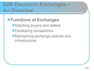 B2B Electronic Exchanges—
An Overview
  Functions of Exchanges
    Matching buyers and sellers
    Facilitating transactions
    Maintaining exchange policies and
     infrastructure




                                         6-10
 