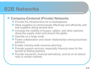 B2B Networks
  Company-Centered (Private) Networks
    Provide the infrastructure for e-marketplaces
    Allow suppliers to communicate effectively and efficiently with
     sub-suppliers along several tiers
    Increase the visibility of buyers, sellers, and other partners
     along the supply chain and around the globe
    Operate on a large scale
    Foster collaboration and closer relationships among business
     partners
    Enable industry-wide resource planning
    Provide support services, especially financial ones for the
     benefit of trading partners
    Provide insurance, financial derivatives, and so on to reduce
     risks in certain markets



                                                                   6-35
 