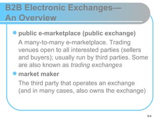 B2B Electronic Exchanges—
An Overview
  public e-marketplace (public exchange)
   A many-to-many e-marketplace. Trading
   venues open to all interested parties (sellers
   and buyers); usually run by third parties. Some
   are also known as trading exchanges
  market maker
   The third party that operates an exchange
   (and in many cases, also owns the exchange)


                                                 6-4
 