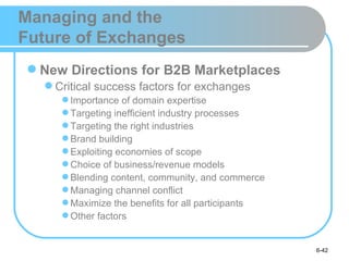 Managing and the
Future of Exchanges
 New Directions for B2B Marketplaces
   Critical success factors for exchanges
      Importance of domain expertise
      Targeting inefficient industry processes
      Targeting the right industries
      Brand building
      Exploiting economies of scope
      Choice of business/revenue models
      Blending content, community, and commerce
      Managing channel conflict
      Maximize the benefits for all participants
      Other factors


                                                    6-42
 