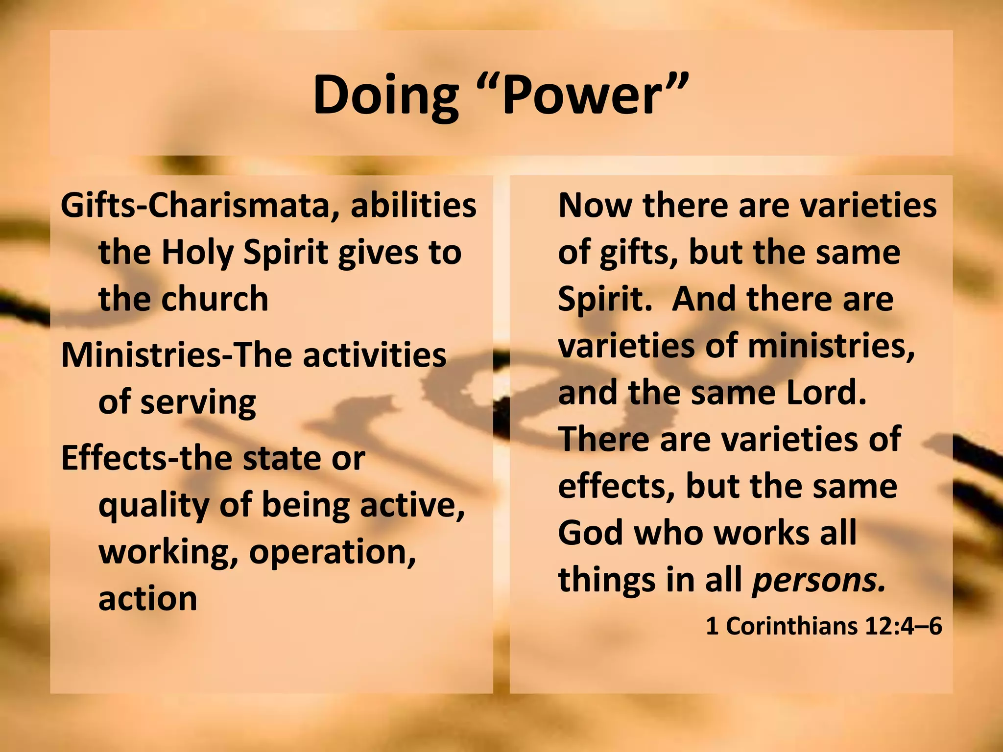 Doing “Power”
Gifts-Charismata, abilities
the Holy Spirit gives to
the church
Ministries-The activities
of serving
Effects-the state or
quality of being active,
working, operation,
action
Now there are varieties
of gifts, but the same
Spirit. And there are
varieties of ministries,
and the same Lord.
There are varieties of
effects, but the same
God who works all
things in all persons.
1 Corinthians 12:4–6
 