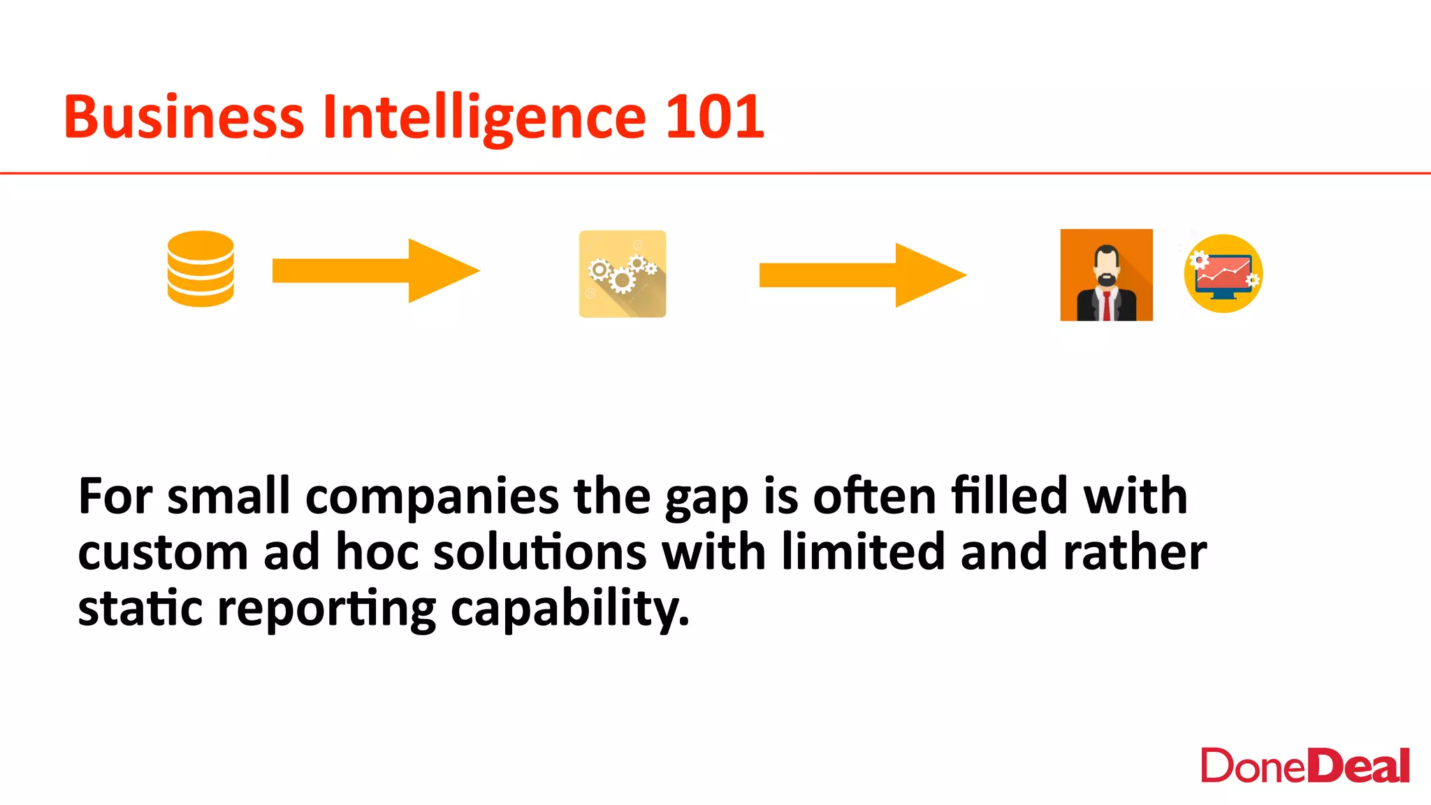 Business	
  Intelligence	
  101
For	
  small	
  companies	
  the	
  gap	
  is	
  oNen	
  ﬁlled	
  with	
  
custom	
  ad	
  hoc	
  solu6ons	
  with	
  limited	
  and	
  rather	
  
sta6c	
  repor6ng	
  capability.
 
