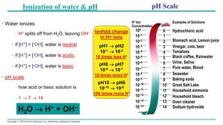 Copyright © 2005 Pearson Education, Inc. publishing as Benjamin Cummings
Ionization of water & pH
• Water ionizes
– H+ splits off from H2O, leaving OH–
• if [H+] = [-OH], water is neutral
• if [H+] > [-OH], water is acidic
• if [H+] < [-OH], water is basic
• pH scale
– how acid or basic solution is
– 1 → 7 → 14
H2O → H+ + OH–
pH Scale
tenfold change
in H+ ions
pH1 → pH2
10-1 → 10-2
10 times less H+
pH8 → pH7
10-8 → 10-7
10 times more H+
pH10 → pH8
10-10 → 10-8
100 times more H+
 