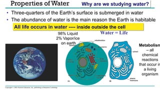 Copyright © 2005 Pearson Education, Inc. publishing as Benjamin Cummings
Water = Life
• Three-quarters of the Earth’s surface is submerged in water
• The abundance of water is the main reason the Earth is habitable
Properties of Water Why are we studying water?
All life occurs in water ---- inside outside the cell
Metabolism
– all
chemical
reactions
that occur in
a living
organism
98% Liquid
2% Vapor/ice
on earth
 