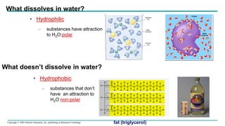 Copyright © 2005 Pearson Education, Inc. publishing as Benjamin Cummings
What dissolves in water?
• Hydrophilic
– substances have attraction
to H2O:polar
What doesn’t dissolve in water?
• Hydrophobic
– substances that don’t
have an attraction to
H2O non-polar
fat (triglycerol)
 