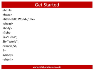 Get Started
<html>
<head>
<title>Hello World</title>
</head>
<body>
<?php
$a="Hello";
$b="World";
echo $a,$b;
?>
</body>
</html>
www.collaborationtech.co.in
 