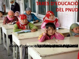 TAXES D’EDUCACIÓ DEL PNUDTaxad’anysesperats en instruccióPromigd’anysd’educacióÍndexd’educacióajustat per la desigualtatTaxad’alfabetització en adultsTaxa de despesa en educacióTaxa Bruta de matriculació