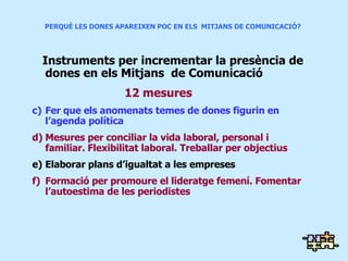 PERQUÈ LES DONES APAREIXEN POC EN ELS  MITJANS DE COMUNICACIÓ?   Instruments per incrementar la presència de dones en els Mitjans  de Comunicació 12 mesures Fer que els anomenats temes de dones figurin en l’agenda política Mesures per conciliar la vida laboral, personal i familiar. Flexibilitat laboral. Treballar per objectius Elaborar plans d’igualtat a les empreses Formació per promoure el lideratge femení. Fomentar l’autoestima de les periodistes 