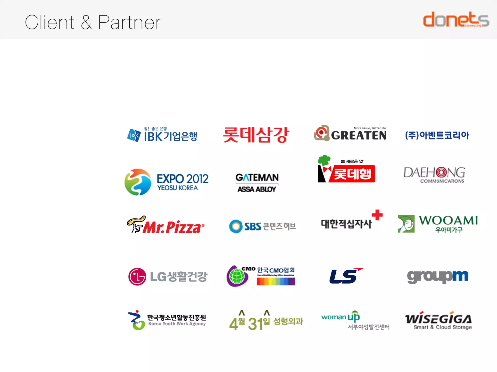 대 표 : 정 기 남 
사업분야 : 소셜미디어 전략 컨설팅 및 운영 대행 
설 립 일 : 2013년 3월 15일 
웹사이트 : www.donets.co.kr 
주 소 : 서울시 강동구 양재대로113길 53 예건타워 305호 
전 화 : +82. 2. 3784. 5669 
이 메 일 : agendaking@donets.kr 
사람과 브랜드 사이의 틈새 연결 
DONETS Connecting 
 