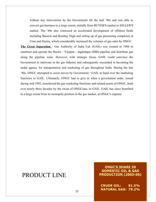without any intervention by the Government till the mid ‘80s and was able to
       convert gas business to a large extent, initially from BUYER'S market to SELLER'S
       market. The ‘80s also witnessed an accelerated development of offshore fields
       including Bassein and Bombay High and setting up of gas processing complexes at
       Uran and Hazira, which considerably increased the volumes of gas sales by ONGC.
The Great Separation - Gas Authority of India Ltd. (GAIL) was created in 1984 to
construct and operate the Hazira – Vijaipur - Jagdishpur (HBJ) pipeline and distribute gas
along the pipeline route. However, with strategic focus, GAIL could convince the
Government to intervene in the gas industry and subsequently succeeded in becoming the
nodal agency for transportation and marketing of gas throughout India. During the late
‘80s, ONGC attempted to resist moves by Government / GAIL to hand over the marketing
functions to GAIL. Ultimately, ONGC had to give in when a government order, issued
during mid 1992, transferred the gas marketing functions and related assets of ONGC, built
over nearly three decades by the sweat of ONGCians, to GAIL. GAlL has since benefited
to a large extent from its monopoly position in the gas market, at ONGC's expense




                                                                 ONGC’S SHARE IN
                                                                DOMESTIC OIL & GAS
 PRODUCT LINE                                                  PRODUCTION (2005-06)


                                                                CRUDE OIL:   81.5%
                                                                NATURAL GAS: 79.2%
                                           35
 