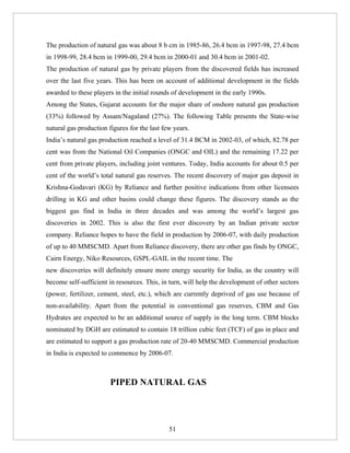 The production of natural gas was about 8 b cm in 1985-86, 26.4 bcm in 1997-98, 27.4 bcm
in 1998-99, 28.4 bcm in 1999-00, 29.4 bcm in 2000-01 and 30.4 bcm in 2001-02.
The production of natural gas by private players from the discovered fields has increased
over the last five years. This has been on account of additional development in the fields
awarded to these players in the initial rounds of development in the early 1990s.
Among the States, Gujarat accounts for the major share of onshore natural gas production
(33%) followed by Assam/Nagaland (27%). The following Table presents the State-wise
natural gas production figures for the last few years.
India’s natural gas production reached a level of 31.4 BCM in 2002-03, of which, 82.78 per
cent was from the National Oil Companies (ONGC and OIL) and the remaining 17.22 per
cent from private players, including joint ventures. Today, India accounts for about 0.5 per
cent of the world’s total natural gas reserves. The recent discovery of major gas deposit in
Krishna-Godavari (KG) by Reliance and further positive indications from other licensees
drilling in KG and other basins could change these figures. The discovery stands as the
biggest gas find in India in three decades and was among the world’s largest gas
discoveries in 2002. This is also the first ever discovery by an Indian private sector
company. Reliance hopes to have the field in production by 2006-07, with daily production
of up to 40 MMSCMD. Apart from Reliance discovery, there are other gas finds by ONGC,
Cairn Energy, Niko Resources, GSPL-GAIL in the recent time. The
new discoveries will definitely ensure more energy security for India, as the country will
become self-sufficient in resources. This, in turn, will help the development of other sectors
(power, fertilizer, cement, steel, etc.), which are currently deprived of gas use because of
non-availability. Apart from the potential in conventional gas reserves, CBM and Gas
Hydrates are expected to be an additional source of supply in the long term. CBM blocks
nominated by DGH are estimated to contain 18 trillion cubic feet (TCF) of gas in place and
are estimated to support a gas production rate of 20-40 MMSCMD. Commercial production
in India is expected to commence by 2006-07.



                        PIPED NATURAL GAS




                                              51
 