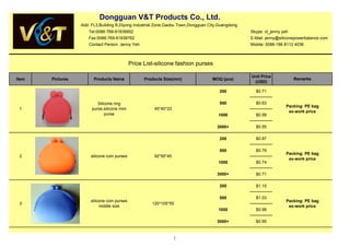 Dongguan V&T Products Co., Ltd.                                                                        1 of 8
                  Add: FL3,Building B,Diyong Industrial Zone,Gaobu Town,Dongguan City,Guangdong
                     Tel:0086-769-81839952                                                        Skype: vt_jenny.yeh
                     Fax:0086-769-81838762                                                        E-Mail: jenny@siliconepowerbalance.com
                     Contact Person: Jenny Yeh                                                    Mobile: 0086-186 8112 4036



                                             Price List-silicone fashion purses

                                                                                                  Unit Price
Item   Pictures         Products Name              Products Size(mm)              MOQ (pcs)                             Remarks
                                                                                                   (USD)

                                                                                      200           $0.71

                          Silicone ring                                               500           $0.63
                                                                                                                    Packing: PE bag
 1                     purse,silicone mini             45*40*23
                                                                                                                     ex-work price
                              purse                                                  1000           $0.58

                                                                                     3000+          $0.55

                                                                                      200           $0.87

                                                                                      500           $0.79
                                                                                                                    Packing: PE bag
 2                    silicone coin purses             92*95*45
                                                                                                                     ex-work price
                                                                                     1000           $0.74

                                                                                     3000+          $0.71

                                                                                      200           $1.10

                                                                                      500           $1.03
                      silicone coin purses                                                                          Packing: PE bag
 3                                                    120*105*55
                           middle size                                                                               ex-work price
                                                                                     1000           $0.98

                                                                                     3000+          $0.95



                                                                  1
 