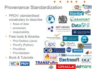 Provenance Standardization
• PROV: standardised
vocabulary to describe
• flows of data
• processes
• responsibility
• Free...