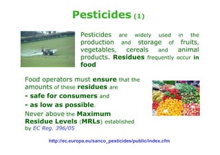 Pesticides (1)
                     Pesticides are widely used in the
                     production and storage of fruits,
                     vegetables,   cereals  and    animal
                     products. Residues frequently occur in
                     food

Food operators must ensure that the
amounts of these residues are
- safe for consumers and
- as low as possible.
Never above the Maximum
Residue Levels (MRLs) established
by EC Reg. 396/05

        http://ec.europa.eu/sanco_pesticides/public/index.cfm
 