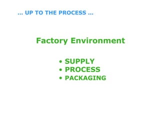 … UP TO THE PROCESS …




     Factory Environment

           • SUPPLY
           • PROCESS
           • PACKAGING
 