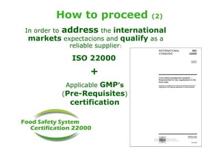 How to proceed         (2)

In order to   addressthe international
markets expectacions and qualify as a
          reliable supplier:

                ISO 22000
                    +
              Applicable GMP’s
              (Pre-Requisites)
               certification
 