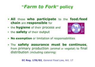 “Farm        to Fork” policy

• All those who participate to the food/feed
  chain are responsible for
  the hygiene of their process and
  the safety of their output

• No exemption or limitation of responsabilities

• The safety assurance must be continuos,
  from primary production (animal or vegetal) to final
  distribution (including catering)

          EC Reg. 178/02, General Food Law, Art. 17
 