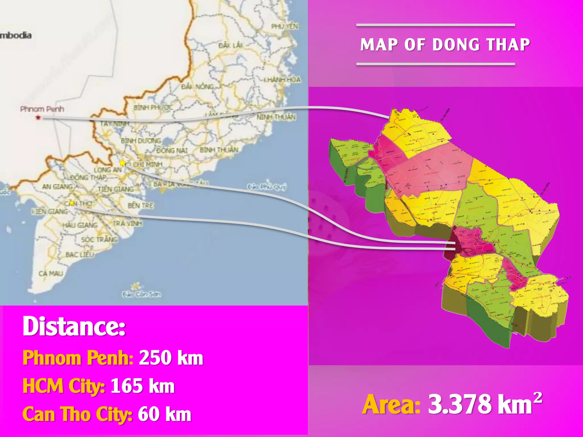 Area: 3.378 km²
MAP OF DONG THAP
Distance:
Phnom Penh: 250 km
HCM City: 165 km
Can Tho City: 60 km
 