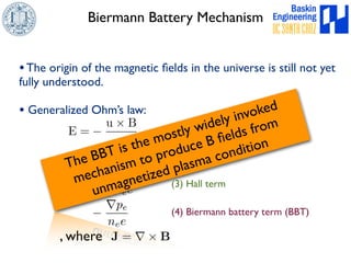 Biermann Battery Mechanism 
• The origin of the magnetic fields in the universe is still not yet 
fully understood. 
• Generalized Ohm’s law: 
The BBT is the mostly widely invoked 
mechanism to produce B fields from 
unmagnetized plasma condition 
, where J = r ⇥ B 
(1) dynamo term 
(2) resistive term 
(3) Hall term 
(4) Biermann battery term (BBT) 
E =− 
u ⇥ B 
c 
+ ⌘J 
+ 
J ⇥ B 
cnee 
− rpe 
nee 
 