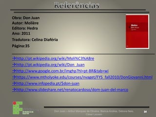 Don Juan – Arthur Marques de Oliveira, Bianca Andres, Débora Neis,
César Lauxen
Obra: Don Juan
Autor: Molière
Editora: Hedra
Ano: 2011
Tradutora: Celina Diaféria
Página:35
__________________________________________________________________
http://pt.wikipedia.org/wiki/Moli%C3%A8re
http://pt.wikipedia.org/wiki/Don_Juan
http://www.google.com.br/imghp?hl=pt-BR&tab=wi
https://www.mtholyoke.edu/courses/nvaget/FYS_fall2010/DonGiovanni.html
http://www.infopedia.pt/$don-juan
http://www.slideshare.net/renatocardoso/dom-juan-del-marco
 