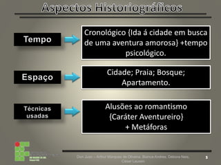 Don Juan – Arthur Marques de Oliveira, Bianca Andres, Débora Neis,
César Lauxen
Cronológico {Ida á cidade em busca
de uma aventura amorosa} +tempo
psicológico.
Cidade; Praia; Bosque;
Apartamento.
Alusões ao romantismo
{Caráter Aventureiro}
+ Metáforas
 