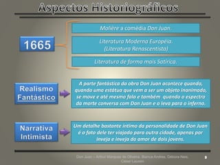 Don Juan – Arthur Marques de Oliveira, Bianca Andres, Débora Neis,
César Lauxen
Molière a comédia Don Juan.
Literatura de forma mais Satírica.
Literatura Moderna Européia.
(Literatura Renascentista)
A parte fantástica da obra Don Juan acontece quando,
quando uma estátua que vem a ser um objeto inanimado,
se move e até mesmo fala e também quando o espectro
da morte conversa com Don Juan e o leva para o inferno.
Um detalhe bastante íntimo da personalidade de Don Juan
é o fato dele ter viajado para outra cidade, apenas por
inveja e inveja do amor de dois jovens.
 