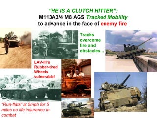 “HE IS A CLUTCH HITTER”:
                   M113A3/4 M8 AGS Tracked Mobility
                   to advance in the face of enemy fire

                                   Tracks
                                   overcome
                                   fire and
                                   obstacles...

                 LAV-III’s
                 Rubber-tired
                 Wheels
                 vulnerable!




“Run-flats” at 5mph for 5
miles no life insurance in
combat
 