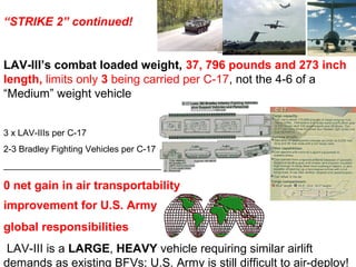 “STRIKE 2” continued!


LAV-III’s combat loaded weight, 37, 796 pounds and 273 inch
length, limits only 3 being carried per C-17, not the 4-6 of a
“Medium” weight vehicle


3 x LAV-IIIs per C-17
2-3 Bradley Fighting Vehicles per C-17
________________________________

0 net gain in air transportability
improvement for U.S. Army
global responsibilities
 LAV-III is a LARGE, HEAVY vehicle requiring similar airlift
demands as existing BFVs; U.S. Army is still difficult to air-deploy!
 