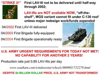 “STRIKE 3!”     First LAV-III not to be delivered until half-way
                through 2002;
                LAV-IIIs are NOT available NOW, “off-the-
                shelf”, MGS variant cannot fit under C-130 roof
                unless major redesign work/funds expended
04/2002 First LAV-III delivered
04/2003 First Brigade fully-equipped
04/2004 First Brigade operationally ready
_______________________________
U.S. ARMY URGENT REQUIREMENTS FOR TODAY NOT MET!
        NO CAPABILITY FOR ANOTHER 2 YEARS!
Production rate just 0.85 LAV-IIIs per day
     www.southam.com/windsorstar/wheels/000905/722279.html
 DESPITE $4 BILLION DOLLAR PRICE, U.S. ARMY NOT TRANSFORMED!
 