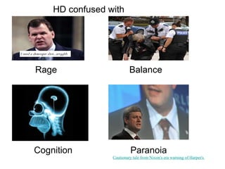 HD confused with




Rage                       Balance
                fall




Cognition                   Paranoia
                  Cautionary tale from Nixon's era warning of Harper's
 