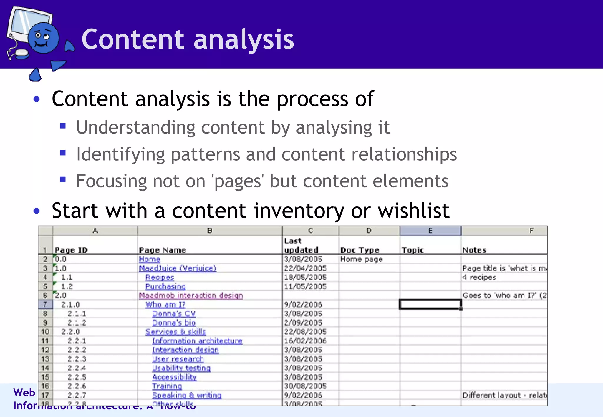 Content analysis Content analysis is the process of Understanding content by analysing it Identifying patterns and content relationships  Focusing not on 'pages' but content elements  Start with a content inventory or wishlist 