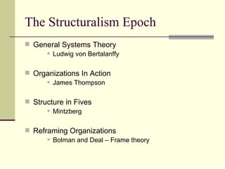 The Structuralism Epoch General Systems Theory  Ludwig von Bertalanffy Organizations In Action  James Thompson Structure in Fives  Mintzberg Reframing Organizations  Bolman and Deal – Frame theory 