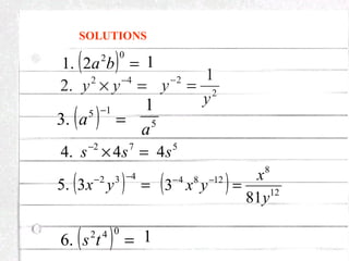 SOLUTIONS
( ) =
02
2.1 ba
=× −42
.2 yy
( ) =
−15
.3 a
=×− 72
4.4 ss
( ) =
−− 432
3.5 yx
( ) =
042
.6 ts
1
2
2 1
y
y =−
5
1
a
5
4s
( ) 12
8
1284
81
3
y
x
yx =−−
1
 