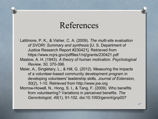 References
27
Lattimore, P. K., & Visher, C. A. (2009). The multi-site evaluation
of SVORI: Summary and synthesis [U. S. Department of
Justice Research Report #230421]. Retrieved from
https://www.ncjrs.gov/pdffiles1/nij/grants/230421.pdf
Maslow, A. H. (1943). A theory of human motivation. Psychological
Review, 50, 370-396.
Meier, A., Singletary, L., & Hill, G. (2012). Measuring the impacts
of a volunteer-based community development program in
developing volunteers' leadership skills. Journal of Extension,
50(2), 1-10. Retrieved from http://www.joe.org
Morrow-Howell, N., Hong, S. I., & Tang, F. (2009). Who benefits
from volunteering? Variations in perceived benefits. The
Gerontologist, 49(1), 91-102. doi:10.1093/geront/gnp007
 